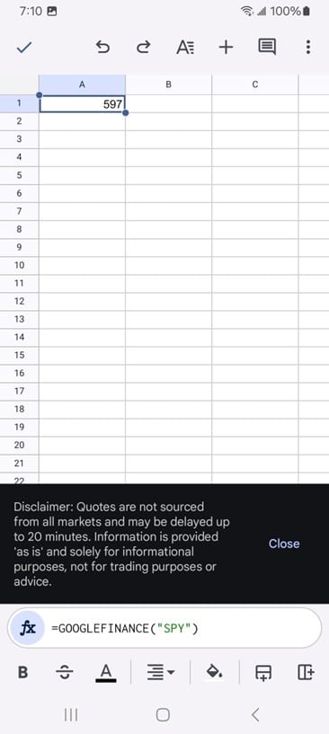 Using googlefinance to import stock prices into a spreadsheet.
