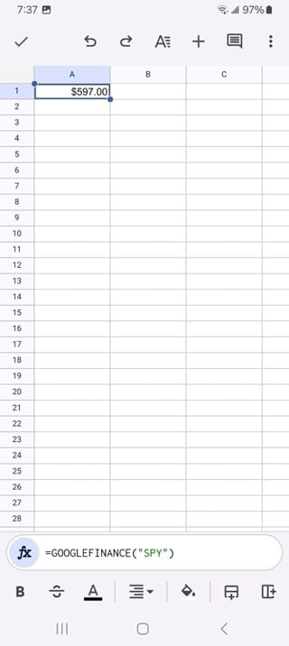 Using googlefinance to import stock prices into a spreadsheet.