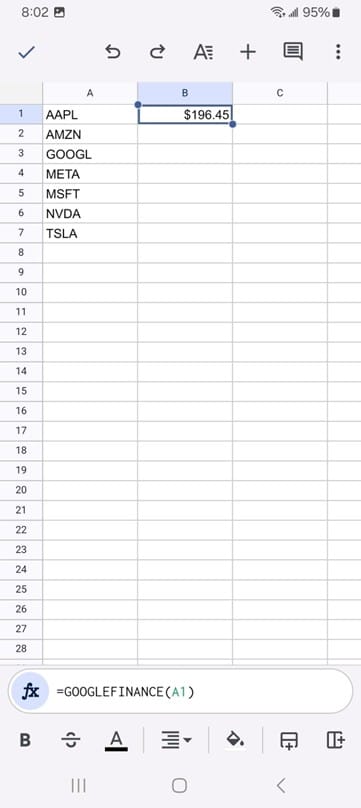 Using googlefinance to import stock prices into a spreadsheet.