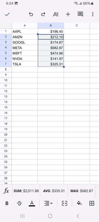 Using googlefinance to import stock prices into a spreadsheet.