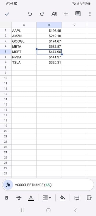 Using googlefinance to import stock prices into a spreadsheet.