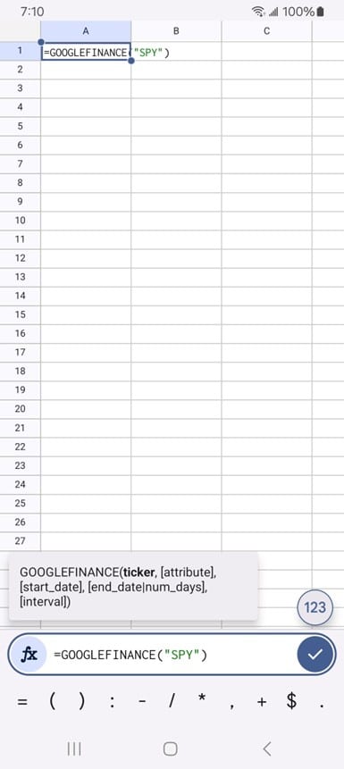 Using googlefinance to import stock prices into a spreadsheet.